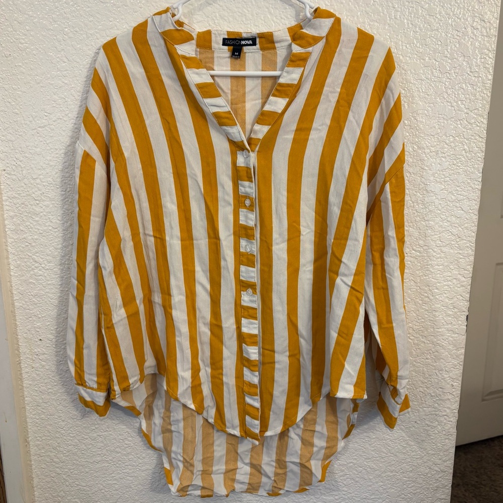 Women's Striped Button Front Blouse Top – Medium – Mustard Yellow White